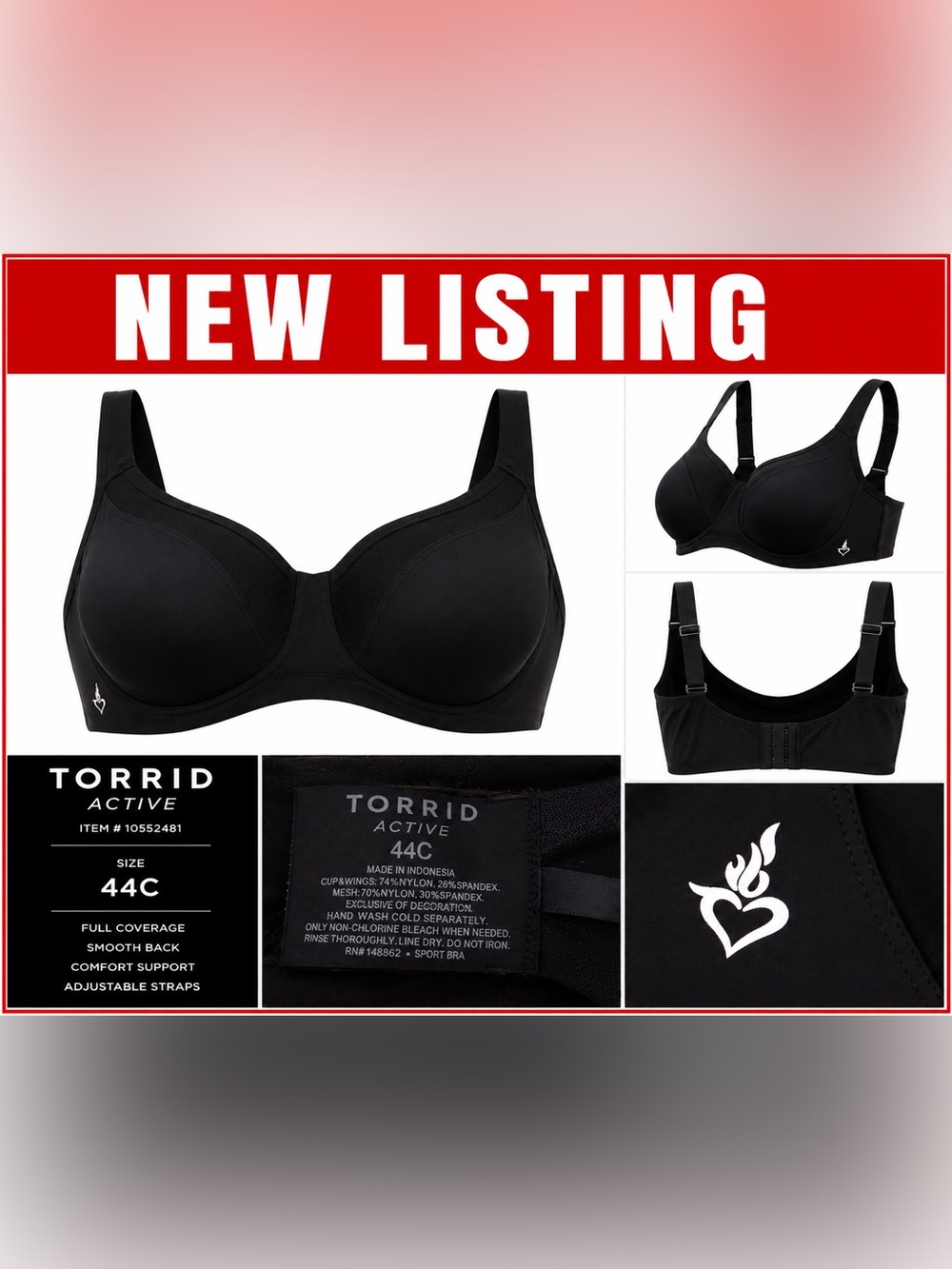 Bra 1  Torrid 44C Black underwire Bra Smooth Back Full Coverage Comfort